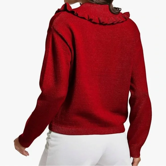 Chic Ruffled Burgundy Cardigan Sweater - Picture 3 of 3